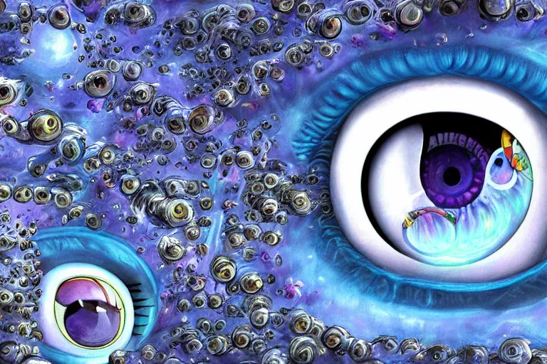 Image similar to highly detailed dreamscape of 3 dimensional highly realistic floating and flying eyeballs of all sizes