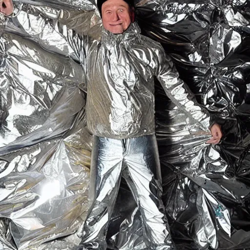 Prompt: photograph of a man wearing hundreds of layers of aluminum foil