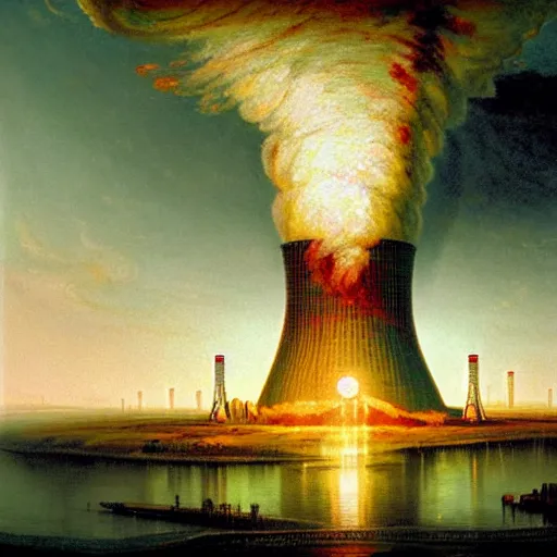 Image similar to A nuclear power plant in utopia by Simon Stålenhag and J.M.W. Turner, oil on canvas; Nuclear Fallout, Art Direction by Adam Adamowicz