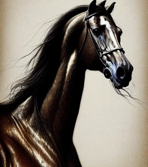 Prompt: portrait of a horse with heightened detail, poised, intense emotion, detailed facial expression, detailed surroundings, intricate, elegant, highly detailed, centered, digital painting, artstation, concept art, smooth, sharp focus, illustration, by ( leonardo da vinci ), wlop
