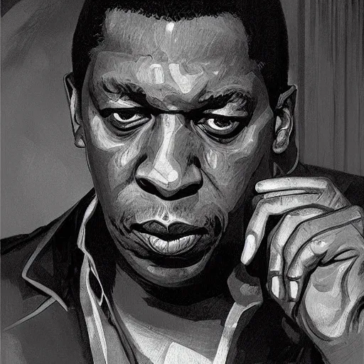 Prompt: john coltrane as a severe tall giant playing at a dark black jazz cafe in paris 1 9 5 6, intricate, elegant, highly detailed, digital painting, artstation, concept art, smooth, sharp focus, illustration, art by wlop, mars ravelo and greg rutkowski