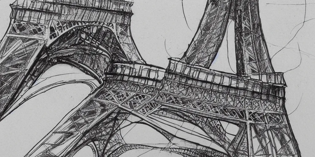 Image similar to architectural design studies of Eiffel Tower, different closeup view, drawn by Leonardo da vinci, ink and pen draw, artistic, intricated