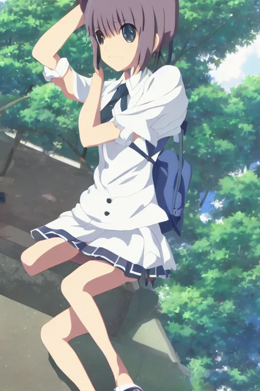 Prompt: An anime high school girl, portrait, full body, Makoto Shinkai, kyoto animation, aniplex, pixiv