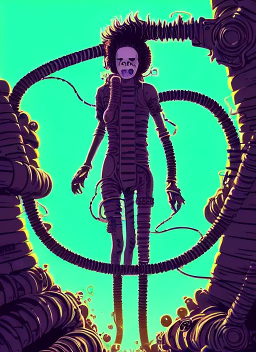 Prompt: highly detailed portrait of a lonely wasteland punk long dripping curly brown nuclear hair tribal lady, stray green slime hoses by atey ghailan, james gilleard, by joe fenton, by greg rutkowski, by greg tocchini, by kaethe butcher, 4 k resolution, gradient purple, brown black and white color scheme!!! ( ( green flaming robotic sewer background ) )