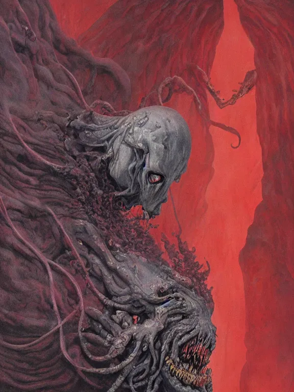 Image similar to wayne barlowe painting of a flying sorrowful looking severed human head with tears running down it's eyes, face that is chalk white in color, with long white tentacles stemming from it's neck, fiery scorching red eyes, background sprawling terrifying hellish cave with lava flowing through it's walls, 4 k