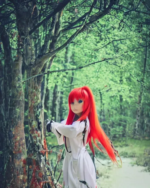 Image similar to beautiful Asuka Langley from evangelion as a real person dressed as a slavic priestess in holy birch forest in spring, 35mm, iPhone photo, HDR, DSLR, cinematic, trending on Instagram, 8k, 4k