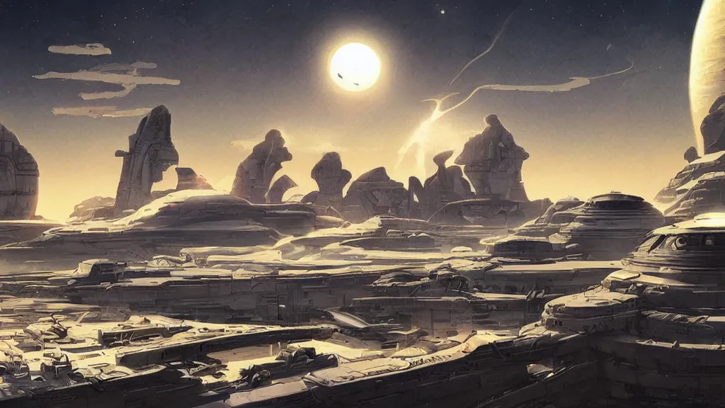Image similar to artwork in the style of chesley bonestell and in the style of stephan martiniere.