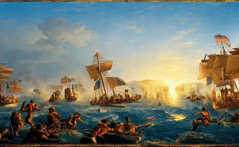 Image similar to the battle of salamis, photography, golden hour, extremely detailed, 4 k