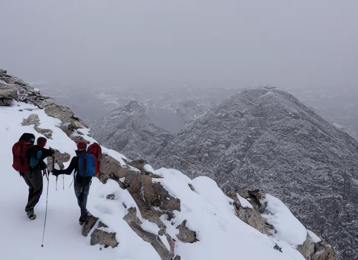 Prompt: two men hiking up a massive stoney mountain in the midst of a white our blizzard, windy, snow, breathtaking views in the style of edwin lord weeks