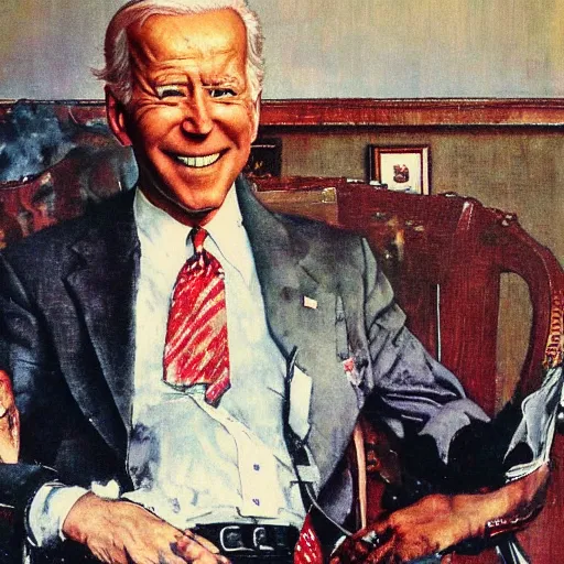 Image similar to a portrait painting by Norman Rockwell of Joe Biden sitting in a chair. Cozy fire. Legs crossed