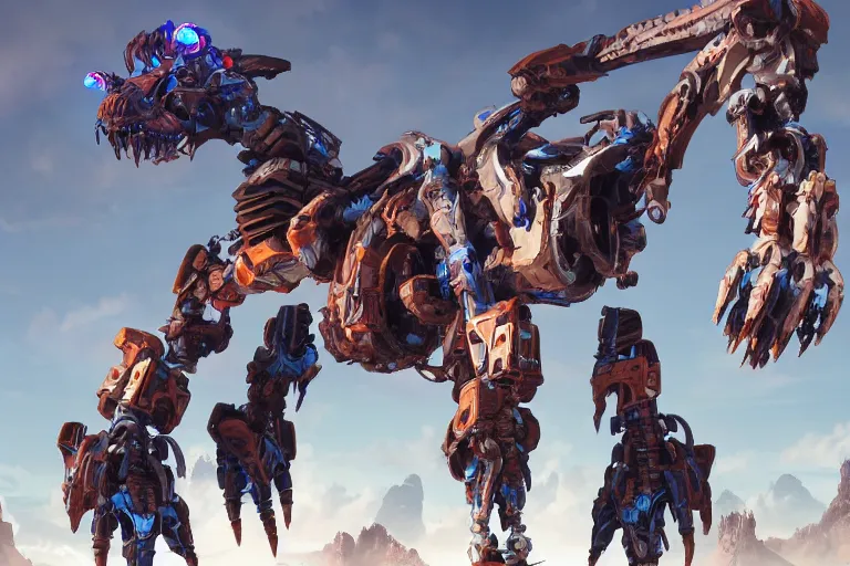 Image similar to thunderjaw machine mecha animal beast robot of horizon forbidden west horizon zero dawn bioluminiscence global illumination ray tracing hdr fanart arstation by sung choi and eric pfeiffer and gabriel garza and casper konefal