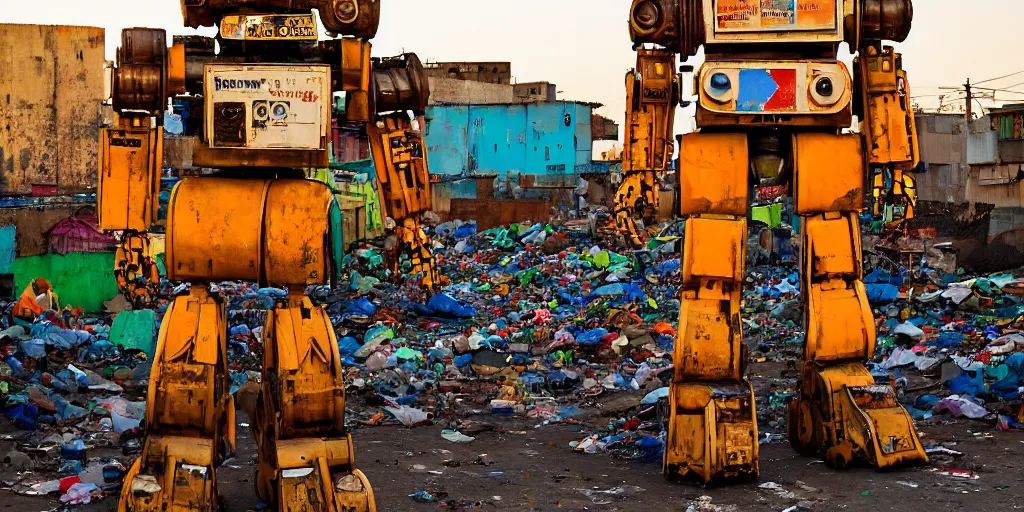 Image similar to colourful but run-down giant mecha ROBOT of AJEGUNLE SLUMS of Lagos, markings on robot, Golden Hour,