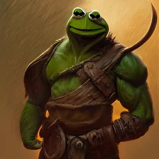 Image similar to kermit the frog as a buffed up orc like warrior, ultrarealistic, dramatic lighting, electrical details, high details, 4 k, 8 k, best, accurate, trending on artstation, artstation, photorealism, ultrarealistic, digital painting, style of peter mohrbacher, caravaggio, boris vallejo