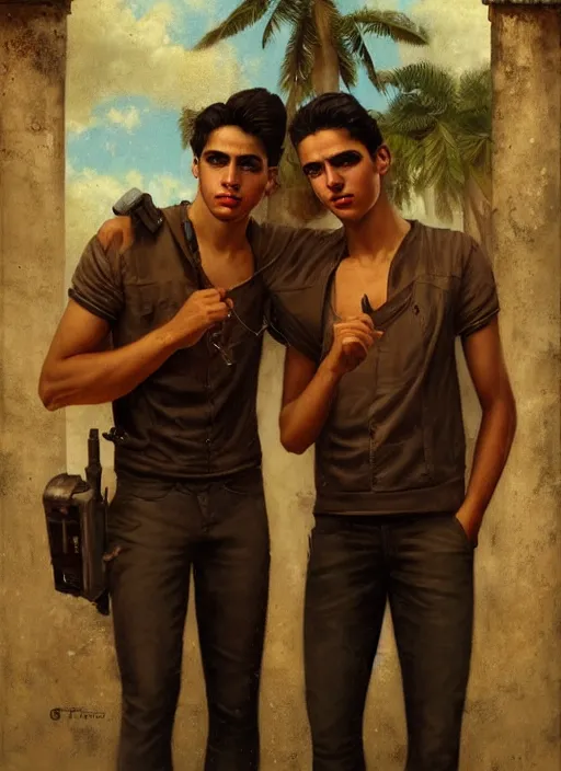 Prompt: portrait of a handsome young cuban buddies in old havana, by tom bagshaw and manuel sanjulian and greg rutkowski