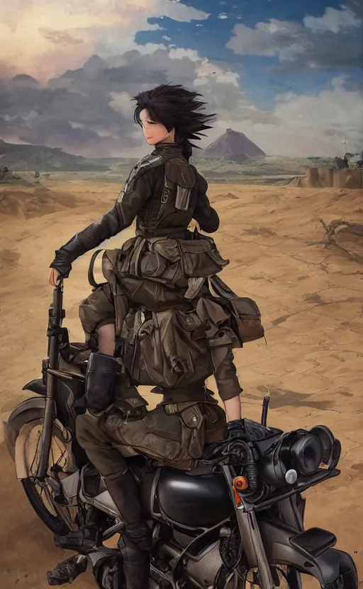 Image similar to panoramic view, a girl riding a motorbike, soldier clothing, battlefield in background, anime style, hair down, symmetrical facial features, realistic hands, from arknights, hyper realistic, 4 k, extreme detail, scifi, trending artstation, safebooru, realistic lighting, by alphonse mucha, greg rutkowski, sharp focus