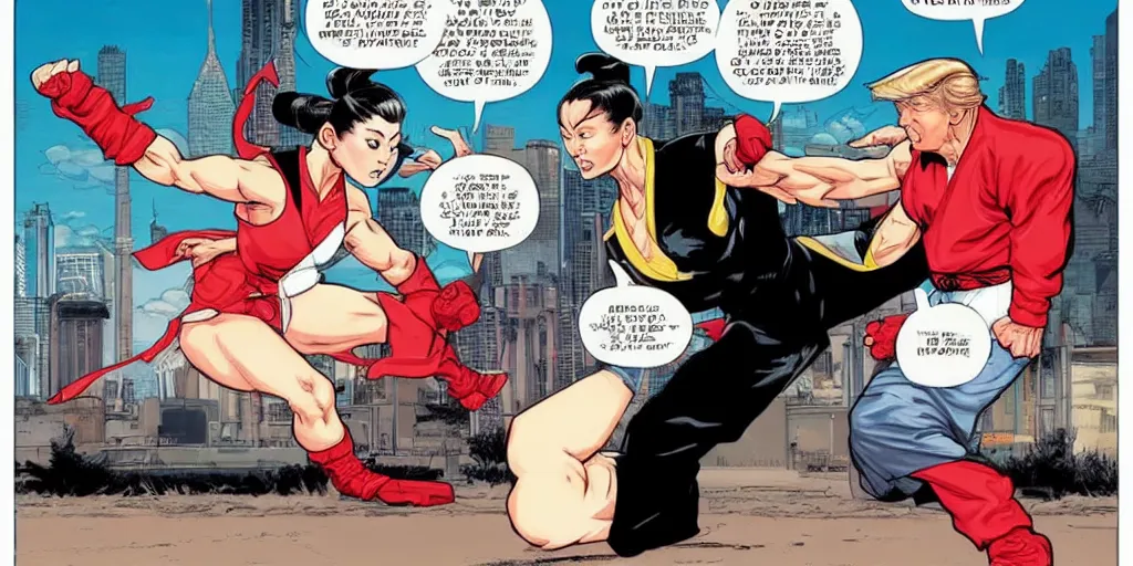 Prompt: Chun Li teaching Trump karate. Epic painting by James Gurney and Laurie Greasley.