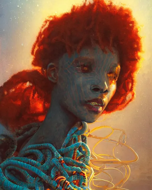 Image similar to muted, african plains, a cyberpunk close up portrait of cyborg medusa, electricity, snakes in hair, sparks, bokeh, soft focus, skin tones, warm, sky blue, daylight, by paul lehr, jesper ejsing