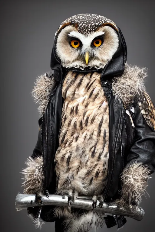 Image similar to cute owl wearing black biker jacket, portrait photo, backlit, studio photo, background colorful