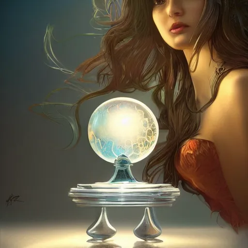 Image similar to crystal ball on a stand with a beautiful dreamscape inside, studio product photography, super highly detailed, professional digital painting, artstation, concept art, smooth, sharp focus, extreme illustration, unreal engine 5, photorealism, beautiful, cinematic, art by artgerm and rutkowski and alphonse mucha and loish and wlop