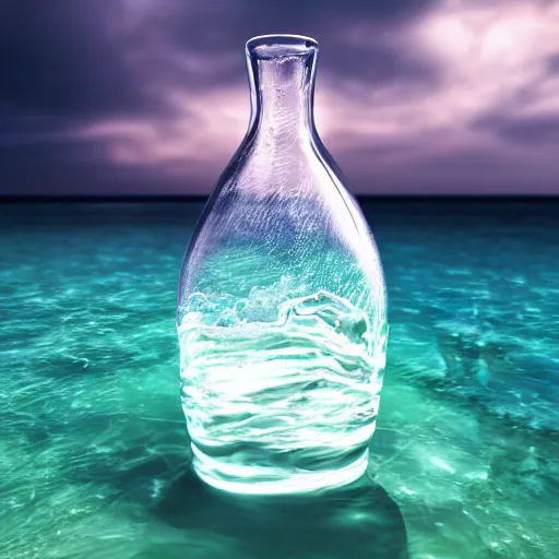 Prompt: surreal 3 d art of a human head in a bottle, on the ocean water, futuristic, glowing, hyper realistic, ray tracing, realistic water splashes, sharp focus, long shot, 8 k resolution, cinematic, photoshop art