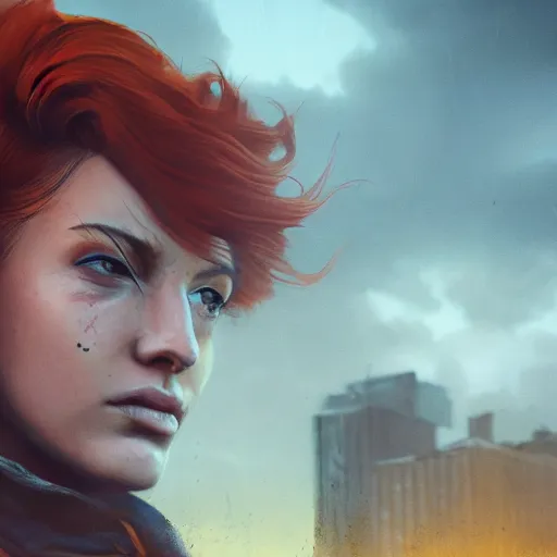 Image similar to fallout 5, charismatic beautiful rugged orange - haired female protagonist, portrait, outdoors ruined cityscape, atmospheric lighting, painted, intricate, volumetric lighting, beautiful, daytime, slight overcast weather, sharp focus, deep colours, ultra detailed, by leesha hannigan, ross tran, thierry doizon, kai carpenter, ignacio fernandez rios