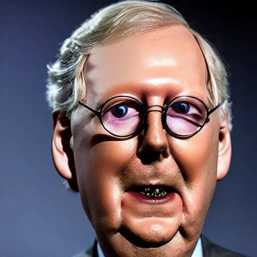 Image similar to the melting slimy face of villain mitch mcconnell flesh monster. horror film photograph.