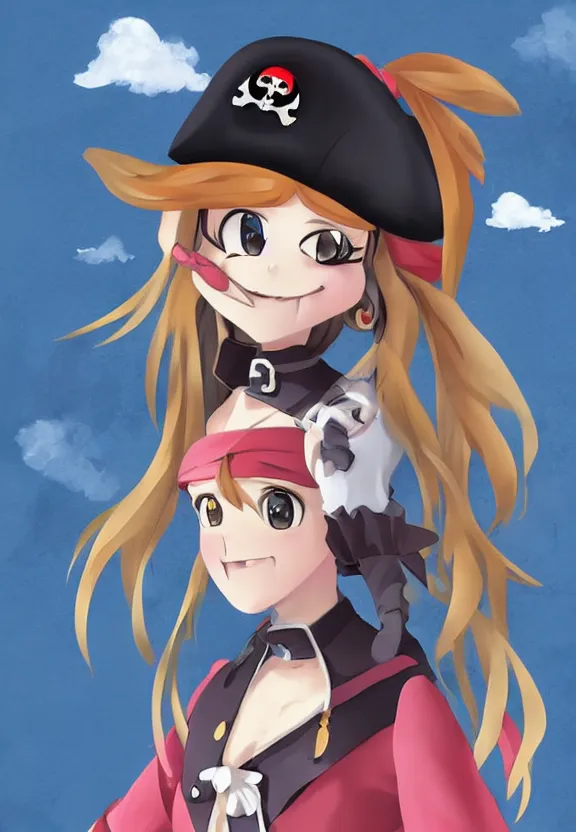 Image similar to wide angle portrait of a female pirate, a cute uniform, somewhat of an anime in pixar style, trending artwork, made with anime painter studio, by pixar and an anime artist, collaboration