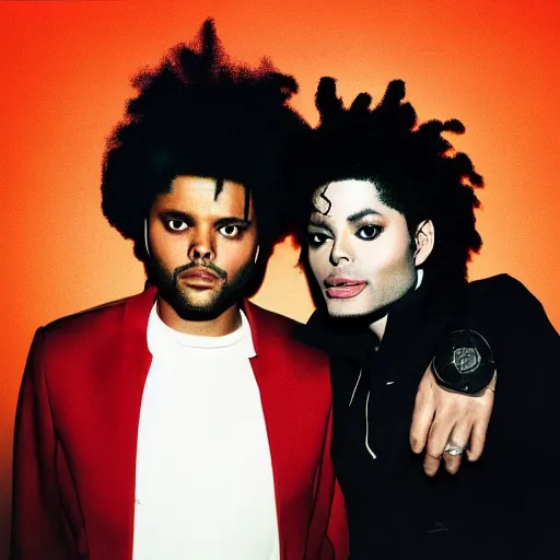 Image similar to the weeknd and michael jackson with red clothes, after hours album cover