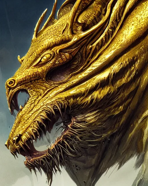 Image similar to A golden dragon tiger resting, highly detailed face, close-up, fantasy art, monster art, in the style of greg rutkowski, illustration, epic, fantasy, intricate, hyper detailed, artstation, concept art, smooth, sharp focus, ray tracing