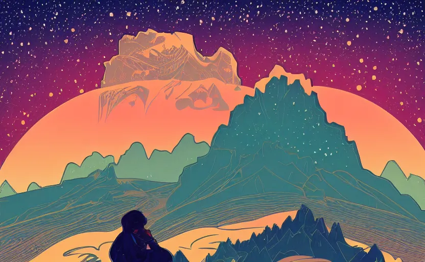Prompt: mountains, stars and paisley filled sky, artstation, intricate, highly detailed, digital painting, concept art, sharp focus, illustration by Tom Whalen and Alphonse Mucha