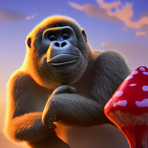 Image similar to a wholesome animation key shot of a small gorilla holding a amanita muscaria, chilled out smirk on face, listening to music, jeep in background, studio ghibli, pixar and disney animation, sharp, rendered in unreal engine 5, anime key art by greg rutkowski, bloom, dramatic lighting