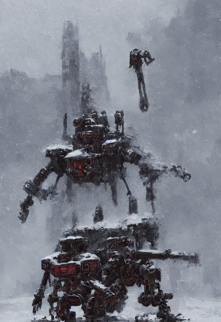 Image similar to a 1914, walking steam rusty mecha in the snow, Rozalski, trending on artstation