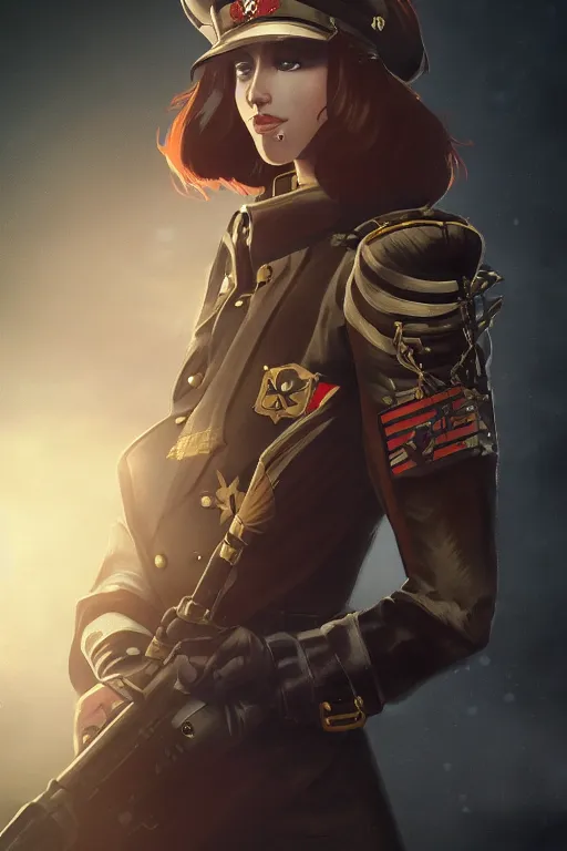 Prompt: Portrait of female commissar. warhammer 40k setting. Shaded lighting. by Ilya Kuvshinov, Rob Rey, Giuseppe Dangelico Pino. Cinematic. Dark Lighting. Rule of Thirds. Imposing, pointing, heroic, detailed, realistic, 8k, photorealistic