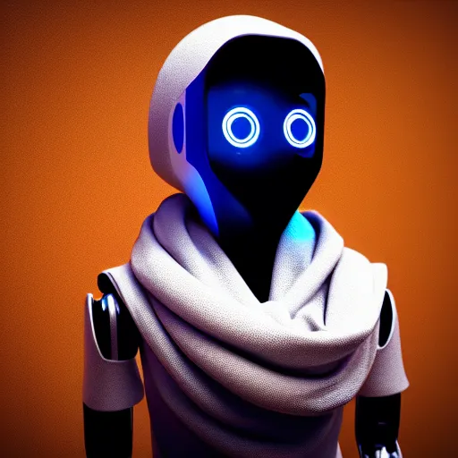 Image similar to robot wearing a large scarf around its neck. 3 d render, oktane, post - processing, 8 k, cinematic lighting