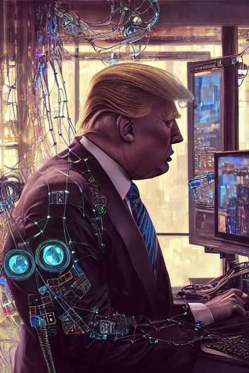 Image similar to hyperrealist cyberpunk portrait of donald j trump, it is decorated with long computer wires and computer monitors in the cyberpunk office background. by jeremy mann and alphonse mucha, fantasy art, photo realistic, dynamic lighting, artstation, poster, volumetric lighting, very detailed faces, 4 k, award winning