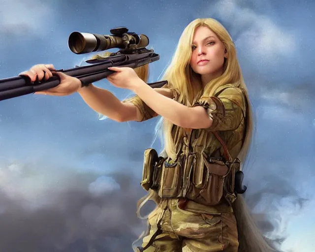 Image similar to disney princess with long blonde hair with m 9 0 sniper rifle on back : : weta disney pixar movie still photo : : hi - fructose, decadent highly - detailed digital painting, golden ratio, octane render, artstation, smooth, sharp focus, artgerm, mucha, loish, wlop