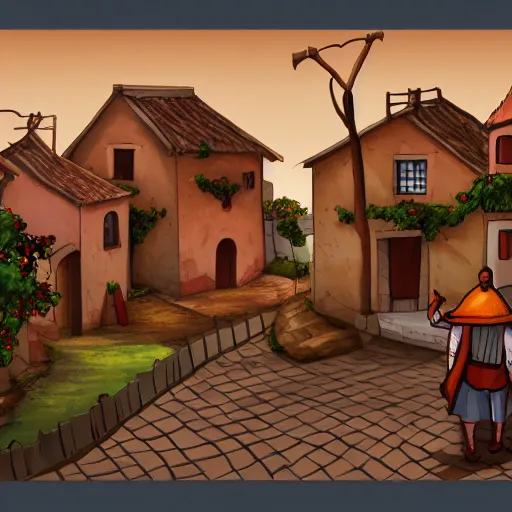 Image similar to A Spanish village. 2D videogame concept art.