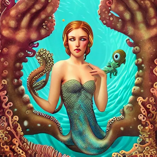 Image similar to lofi underwater mermaid portrait with an octopus, Pixar style, by Tristan Eaton Stanley Artgerm and Tom Bagshaw.