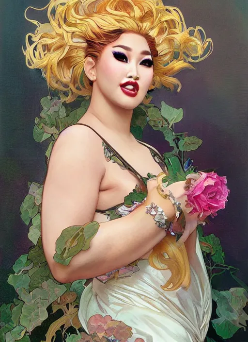 Image similar to kim chi, drag queen, painting by artgerm and greg rutkowski and alphonse mucha