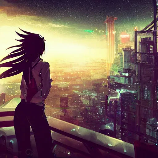 Prompt: android mechanical cyborg anime girl overlooking overcrowded urban dystopia. long flowing hair. gigantic future city. pitch black night. raining. makoto shinkai. wide angle. distant shot. dark and dreary. nebula sky.