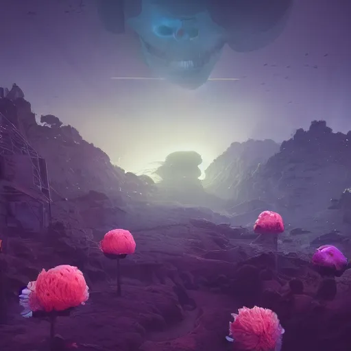 Prompt: beautiful dark landscape, justin sun skull head, beautiful flowers growing, in the style of beeple and mike winkelmann, intricate, epic lighting, cinematic composition, hyper realistic, 8 k resolution, unreal engine 5, raytracing, reflections, ultraviolet colors