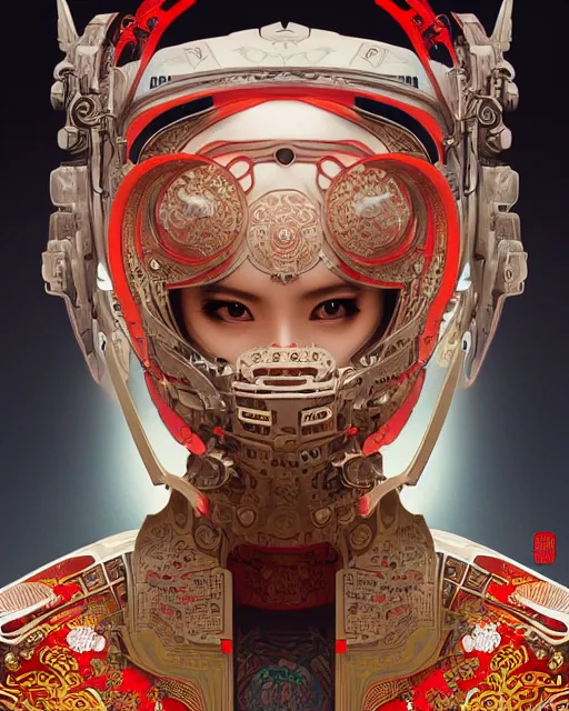 Image similar to portrait of a cyberpunk machine, machine face, upper half portrait, decorated with chinese opera motifs, asian, fine china, wuxia, traditional chinese art, intricate, elegant, highly detailed, symmetry, headpiece, digital painting, artstation concept art smooth sharp focus, illustration, art by artgerm and greg rutkowski alphonse mucha 8 k