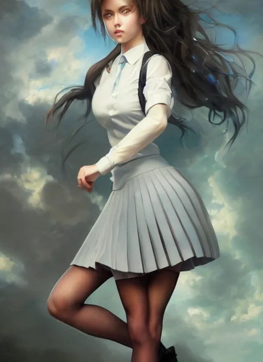 Image similar to a beautiful woman with school uniform, seifuku, pleated miniskirt, overknee socks, adriana lima, painted by artgerm and tom bagshaw, fantasy art, dramatic lighting, highly detailed oil painting, volumetric lighting