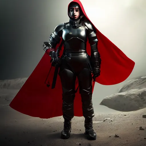 Image similar to a young female soldier with soot stained face, no makeup, in glossy sleek white bloodstained dinged scuffed armor , long torn red cape, heroic posture, determined expression, no helmet, on the surface of mars, dramatic lighting, cinematic, sci-fi, hyperrealistic, detailed