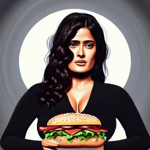 Prompt: portrait of Salma Hayek licking hamburger, extra onions and ketchup, luscious patty with sesame seeds, feminine ethereal, subsurface scattering skin, handsome, D&D, fantasy, intricate, elegant, highly detailed, digital painting, artstation, concept art, matte, sharp focus, illustration, octane render, arnold ai render, art by Artgerm and Greg Rutkowski and Alphonse Mucha