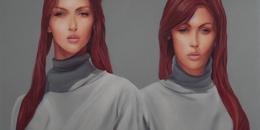 Prompt: gorgeous painting of a beautiful tall shirt haired woman wearing a turtleneck, artstation