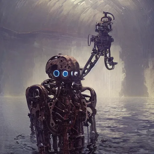 Image similar to a photograph of a robot endoskeleton augmented with a humanoid nervous system submerged and rusted in the water, cinematic, volumetric lighting, f 8 aperture, cinematic eastman 5 3 8 4 film, photorealistic by greg rutkowski, by stanley artgerm, by alphonse mucha