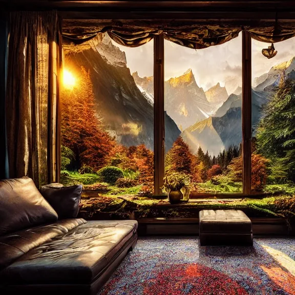 Image similar to fantastical living room with switzerland landscape in the window by marc adamus, beautiful dramatic lighting, overgrown with funghi, style by peter deligdisch, peterdraws