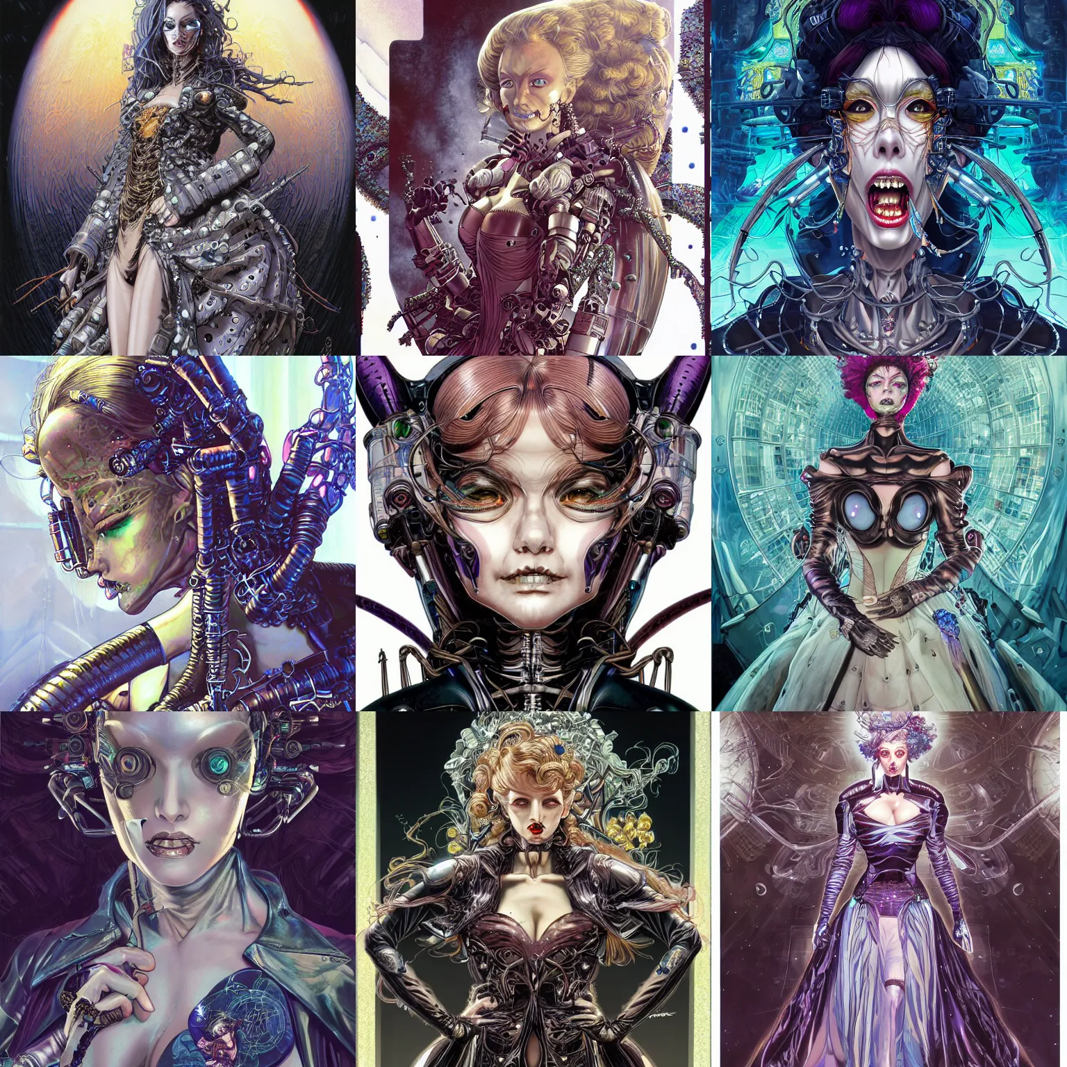 Prompt: portrait of a beautiful cyborg crazy witch wearing a luxurious dress, face is highly detailed, semi - translucent, by masamune shirow, dan mumford, ayami kojima, josan gonzalez, yoshitaka amano, barclay shaw