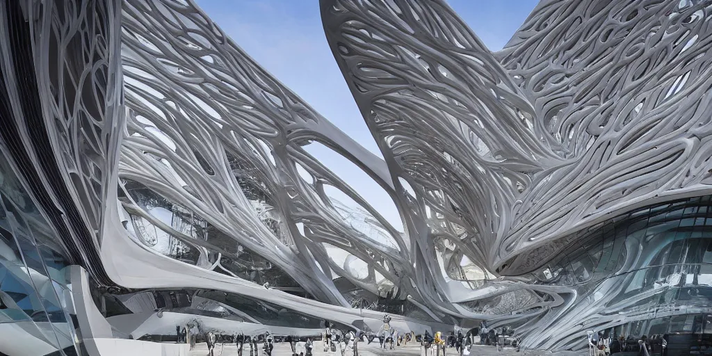 Image similar to extremely detailed ornate stunning beautiful elegant futuristic museum exterior by Zaha Hadid